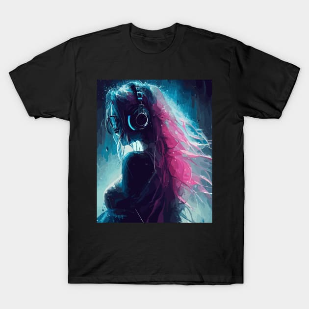 Beautiful pink hair woman in rain T-Shirt by TomFrontierArt